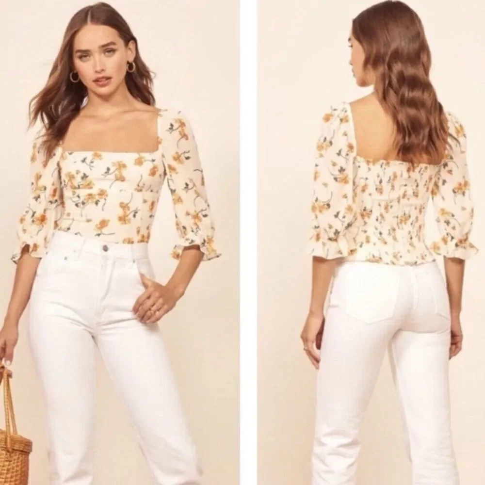 Reformation Georgia Cream Top Blouse Floral Size 10